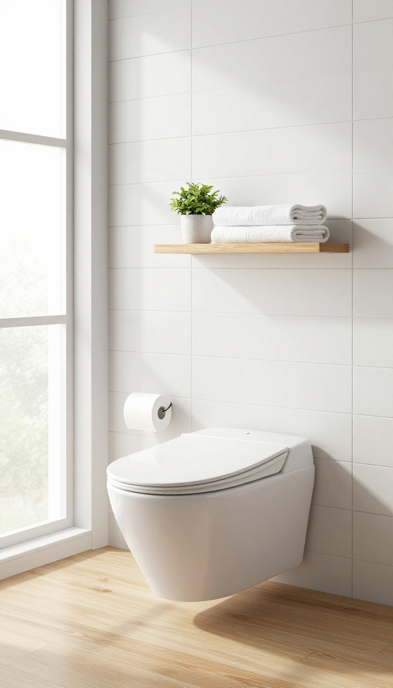 Bright, minimalist bathroom with a wall-mounted toilet, floating shelf, and plant, showcasing a clean, modern design.