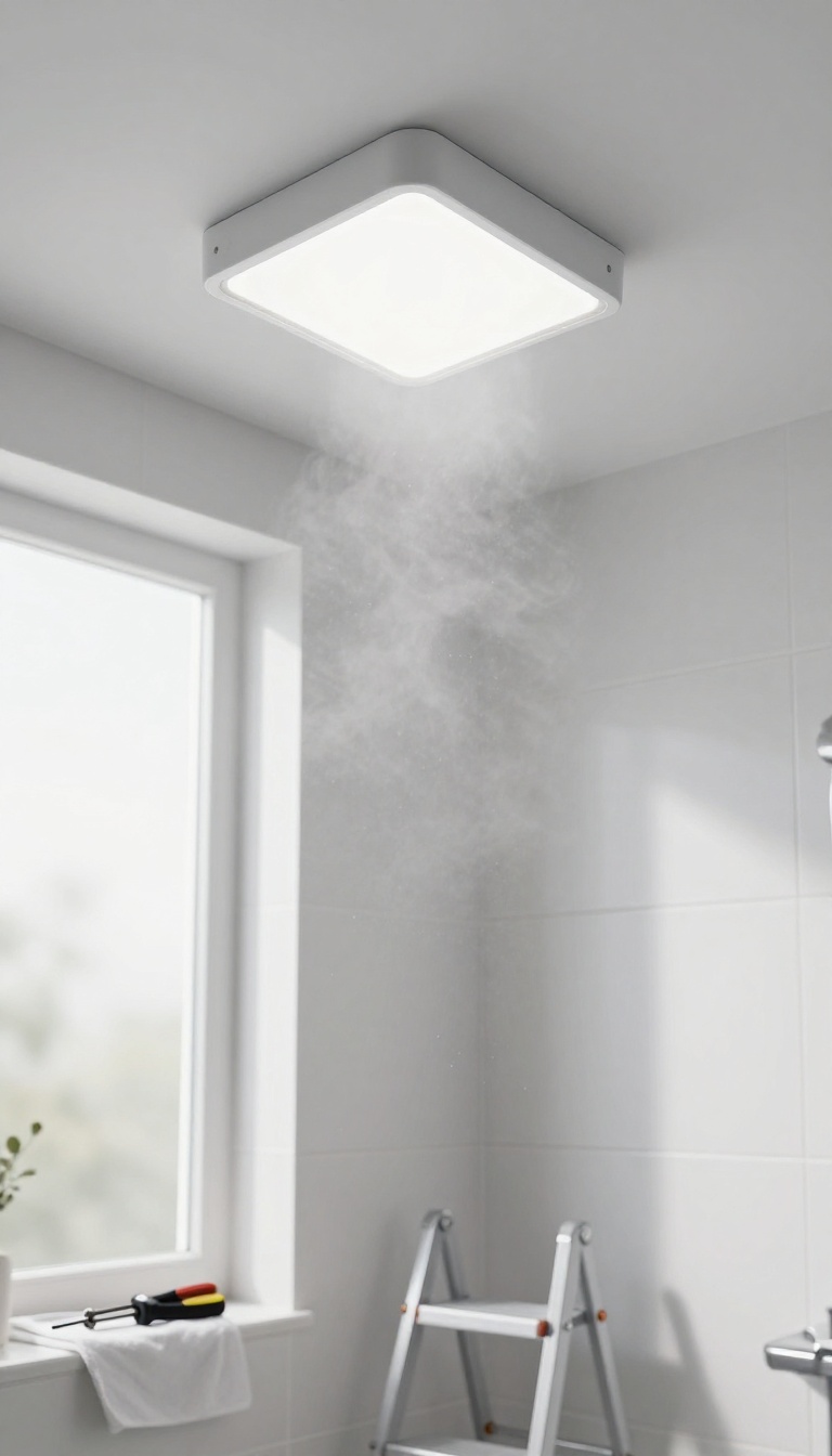 Modern moisture-rated LED ceiling light installed above a tiled shower with tools on a step ladder below