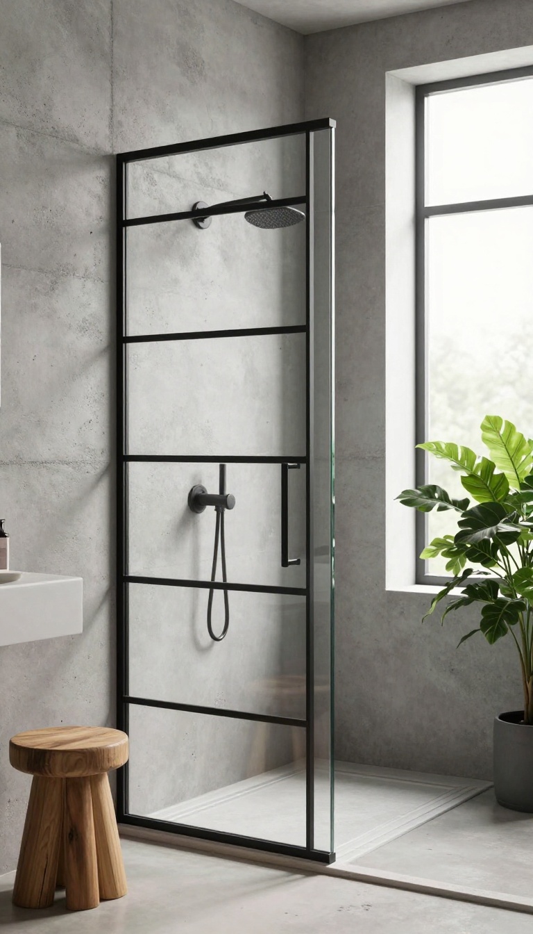 Glass shower door with horizontal black bars in an industrial bathroom