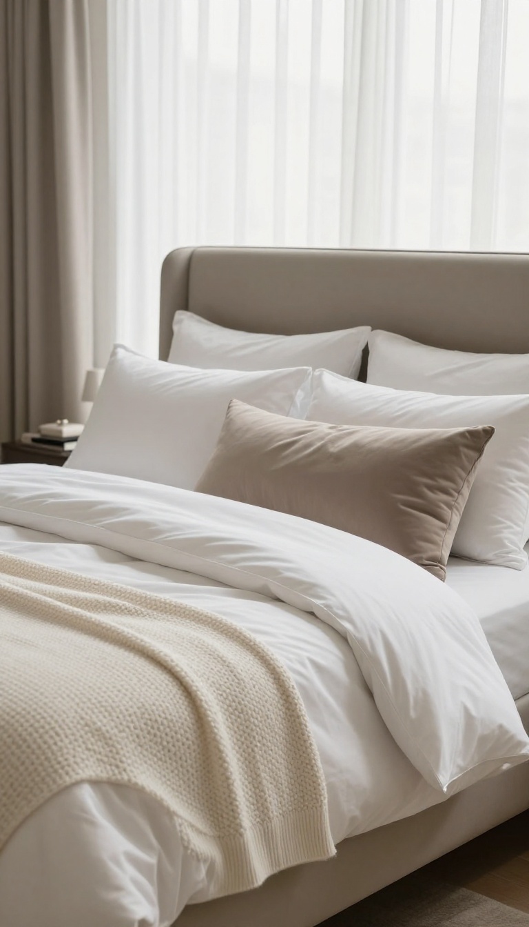 Layered luxury bedding on an elegantly styled bed with crisp white sheets, plush duvet, and textured throw in a bright bedroom