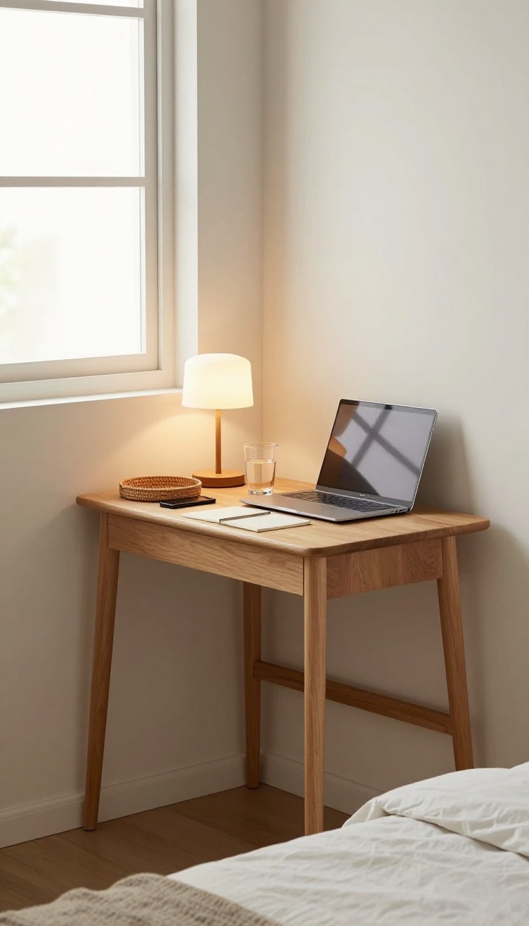 A slim desk beside a bed in a small square bedroom serving as both workspace and nightstand, with a lamp, phone, and water glass on top.