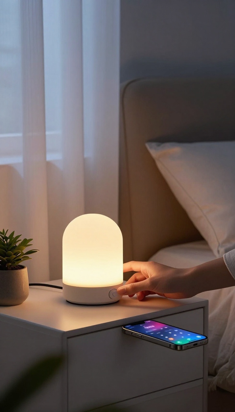 Cozy bedroom bedside table with a smart bulb lamp glowing warm amber while a phone shows a lighting app