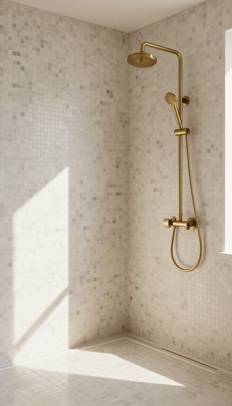 Neutral mosaic tile shower in beige, gray, and white with brushed brass fixtures and bright natural light