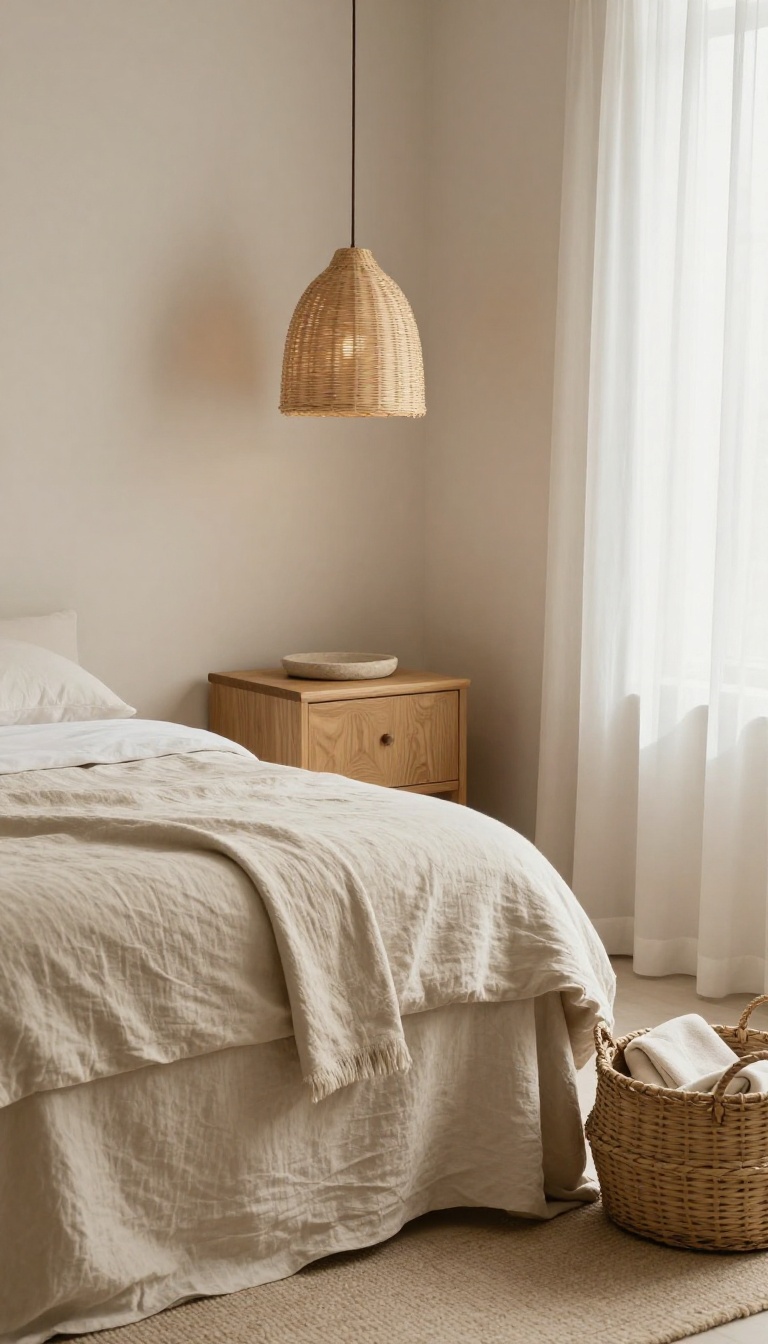 Spa bedroom corner with rumpled linen bedding, a light oak nightstand, rattan pendant light, and woven basket in soft natural daylight