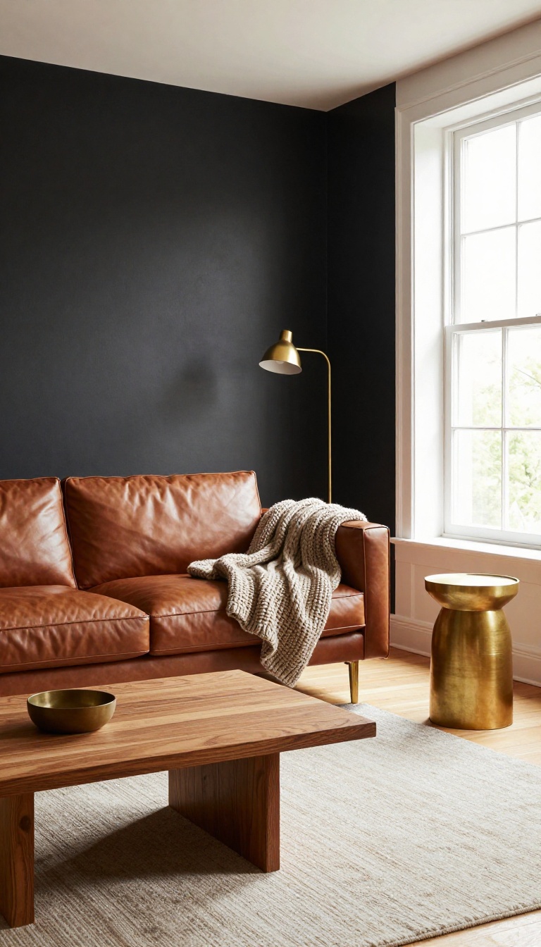 Living room with a bold black accent wall and a brown leather sofa with caramel cushions, styled with brass accents and natural light
