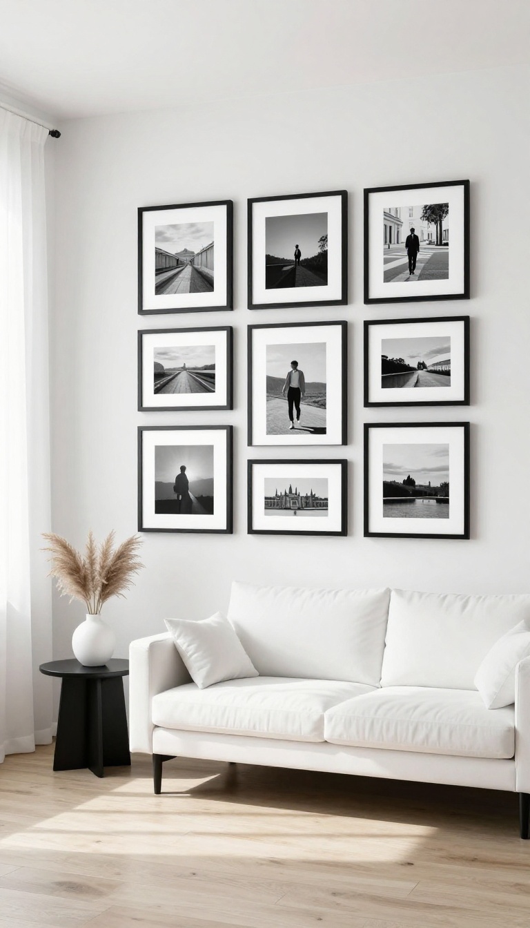 Modern black and white living room with a gallery wall of black frames and wide white mats above a black sofa in bright natural light