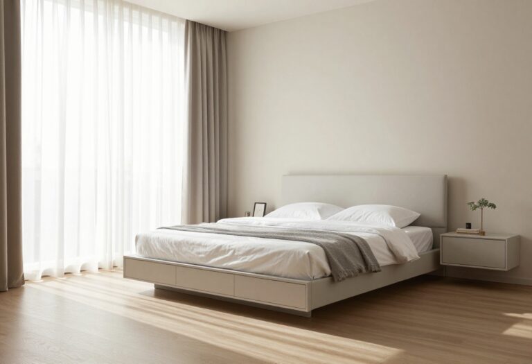 Small square bedroom with a centered bed, light walls, and smart storage solutions.