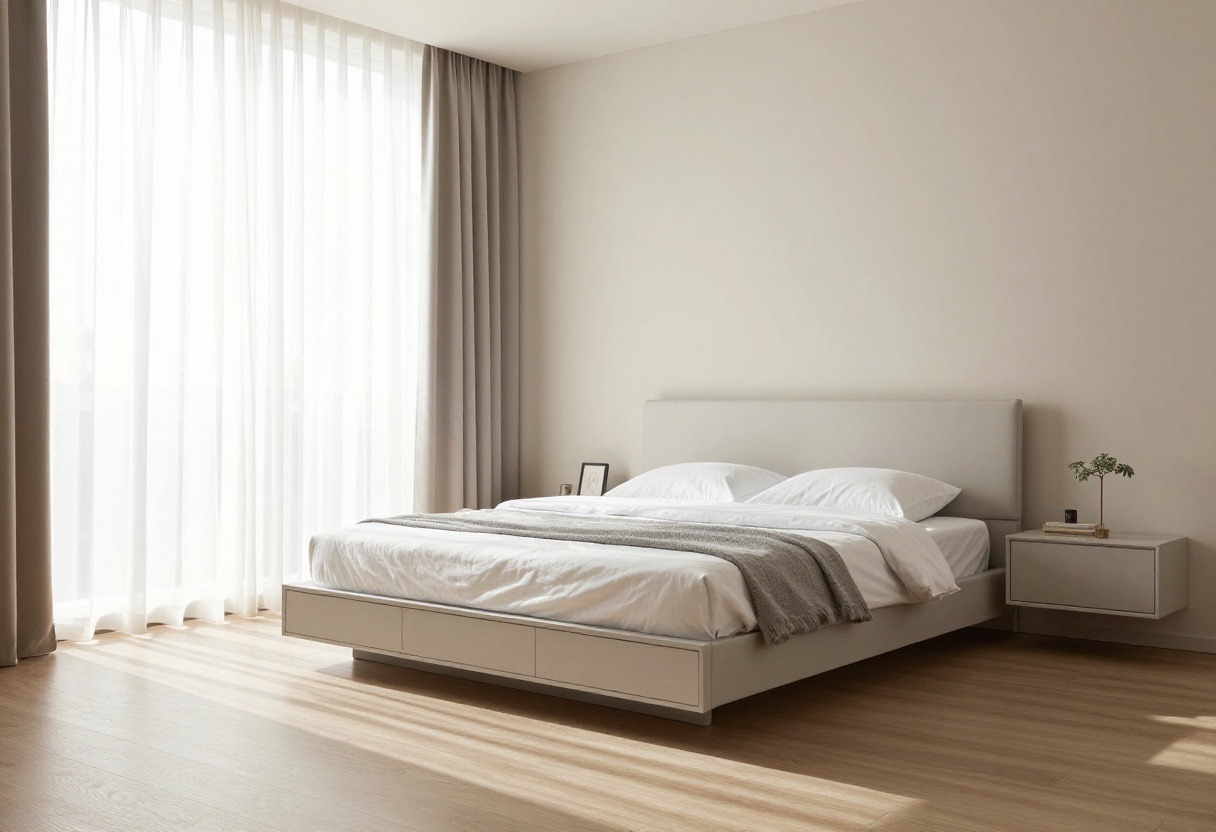 Small square bedroom with a centered bed, light walls, and smart storage solutions.
