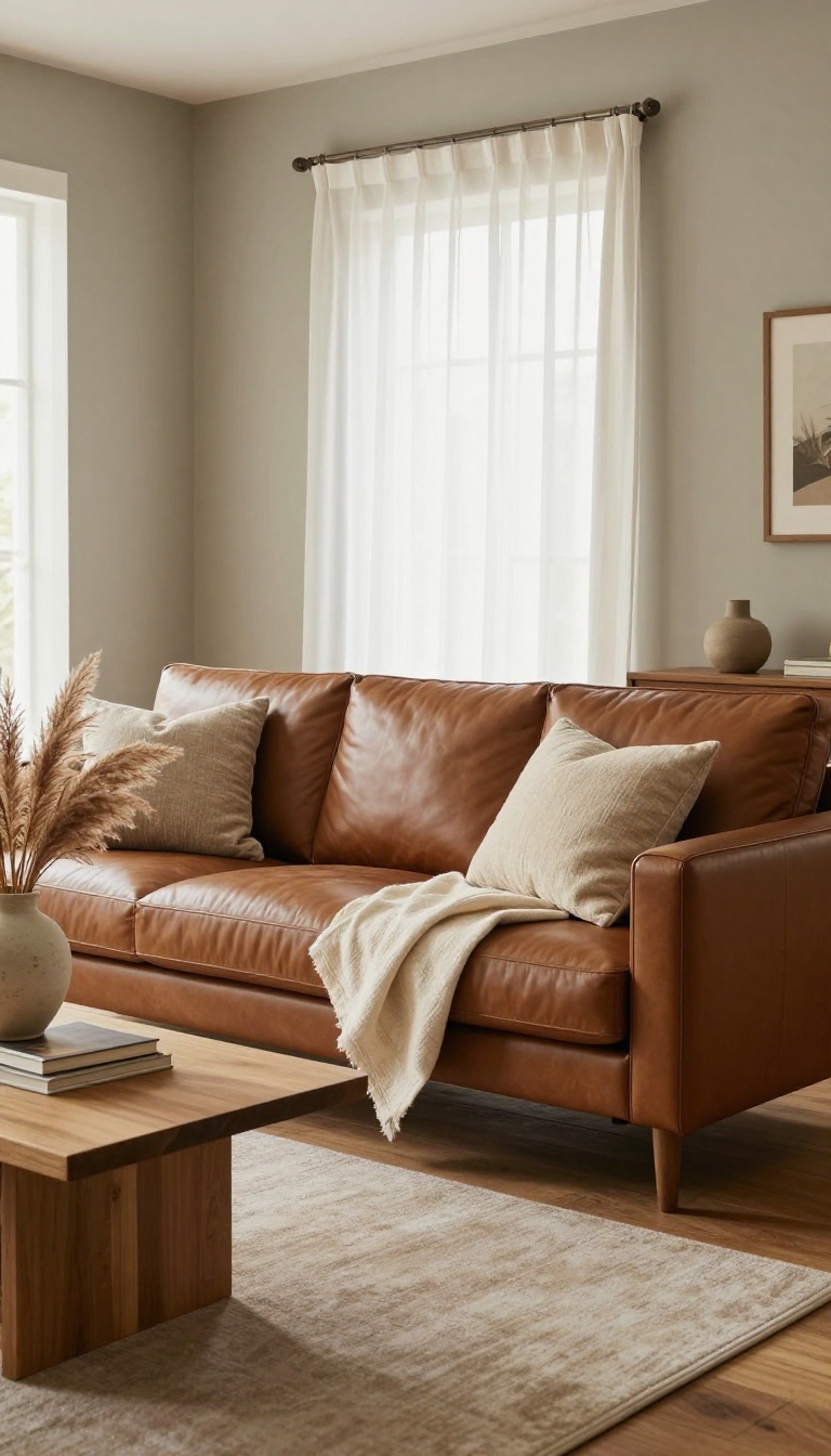 Bright living room with a caramel leather couch against warm greige walls, styled with cream and oatmeal accents and natural light
