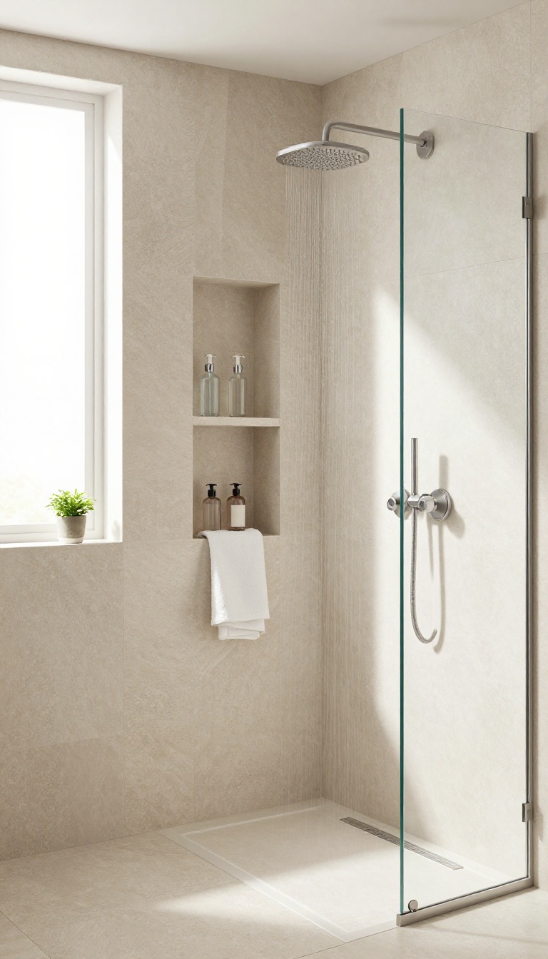 Modern walk-in shower with recessed shelving for toiletries, featuring seamless tile integration and natural light.