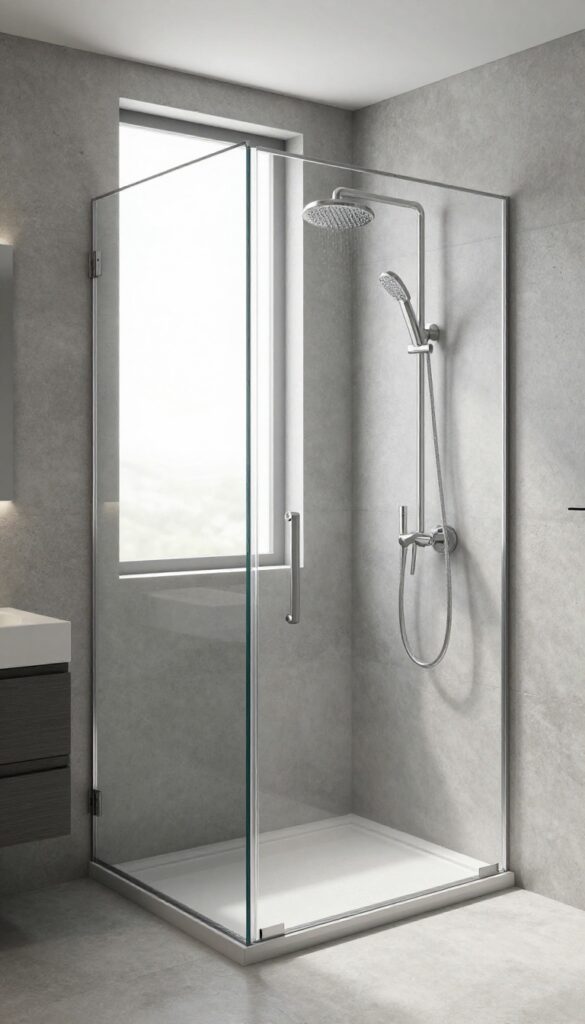 Sleek modern shower with polished concrete walls and floor, rainfall showerhead, and glass enclosure