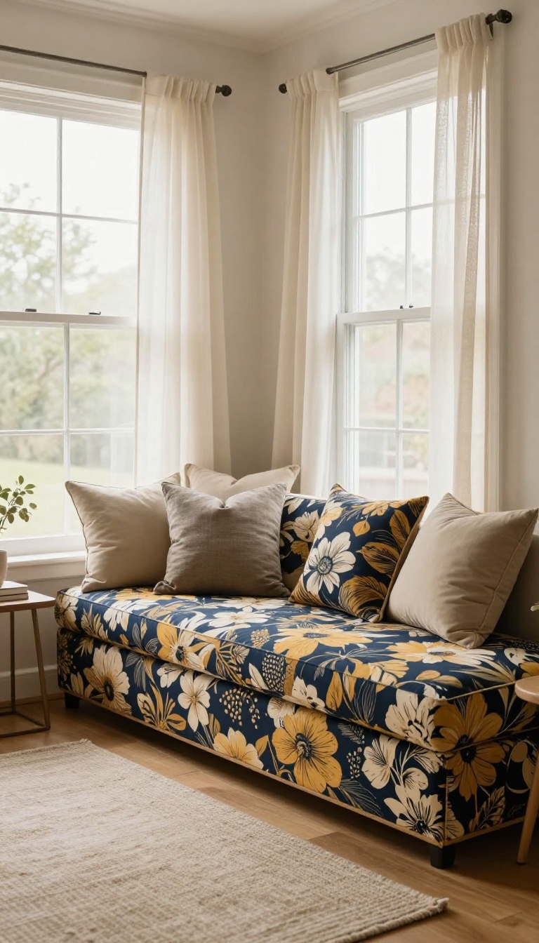 Bright living room window seat with an upholstered bench in a bold navy and mustard floral print, neutral cushions, and soft natural light