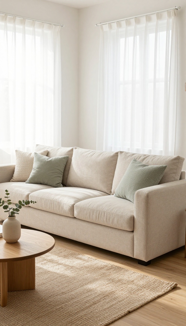 Bright small living room with a rearrangeable modular sofa in oatmeal linen, one section pulled apart, natural light, and minimal decor