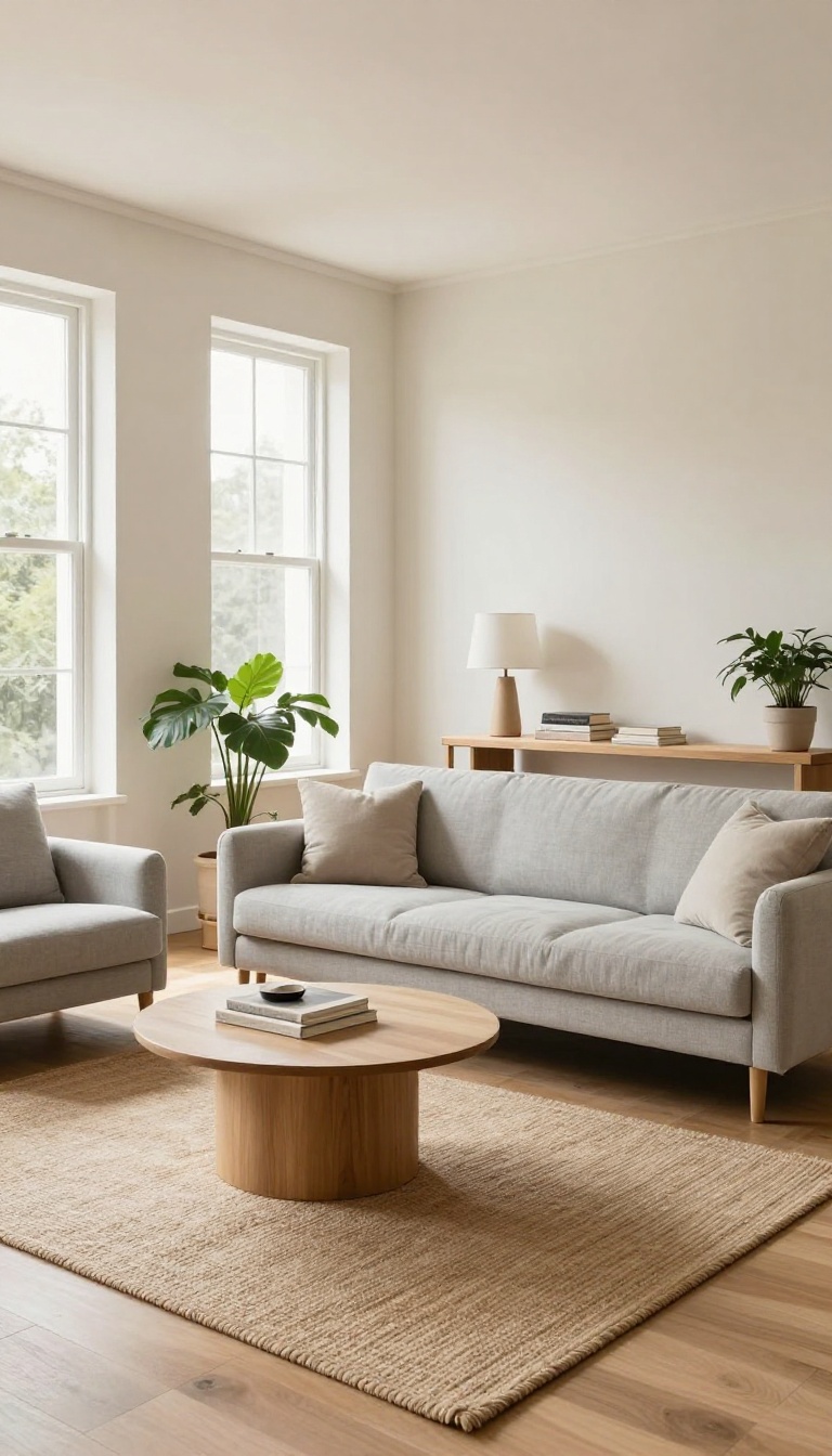 Bright open-plan living room with a floating sofa pulled away from the wall, a console table behind it, and a rug-anchored seating area in front