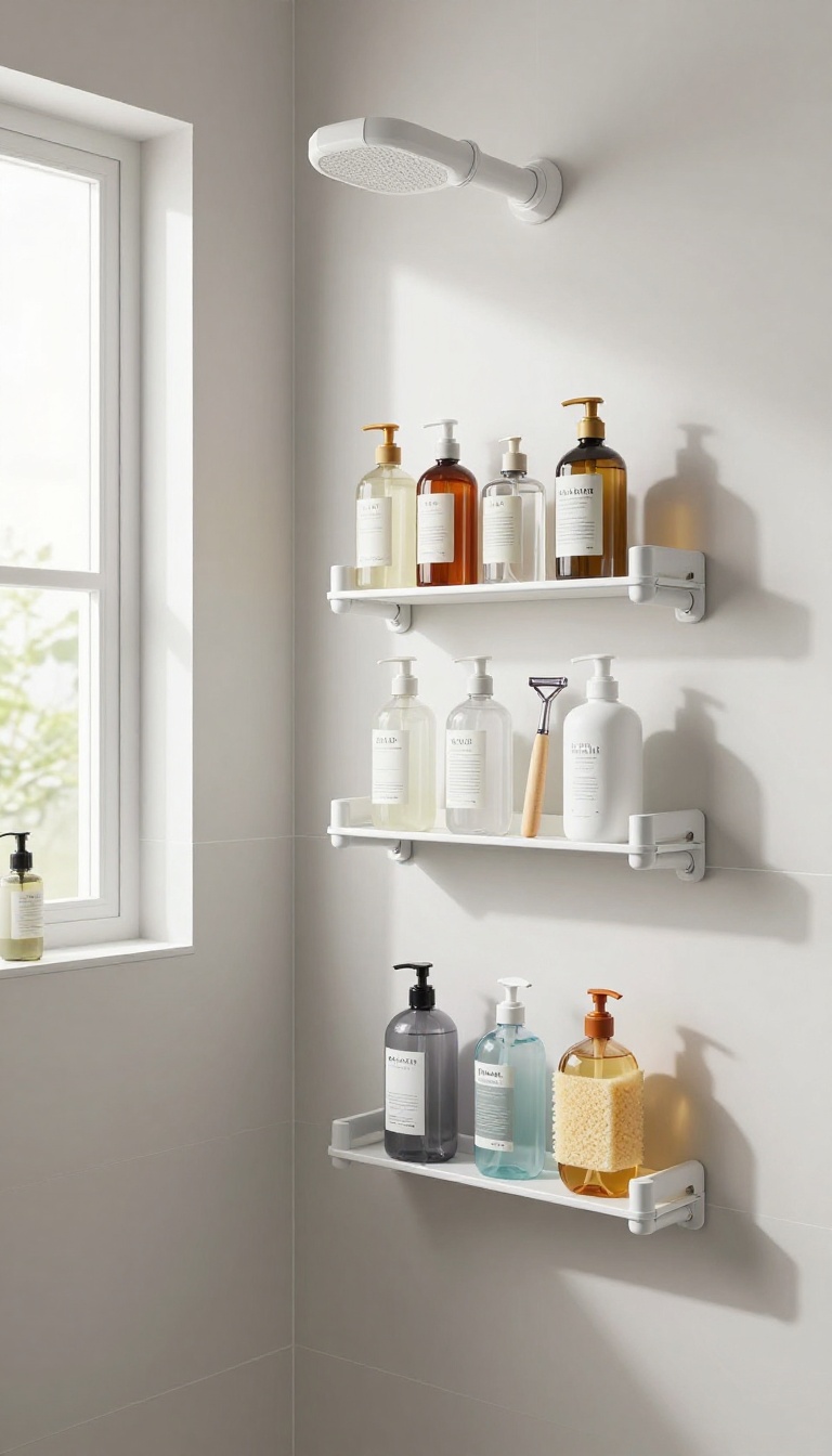 DIY PVC pipe shower caddy with shelves holding toiletries in a bright, tiled bathroom