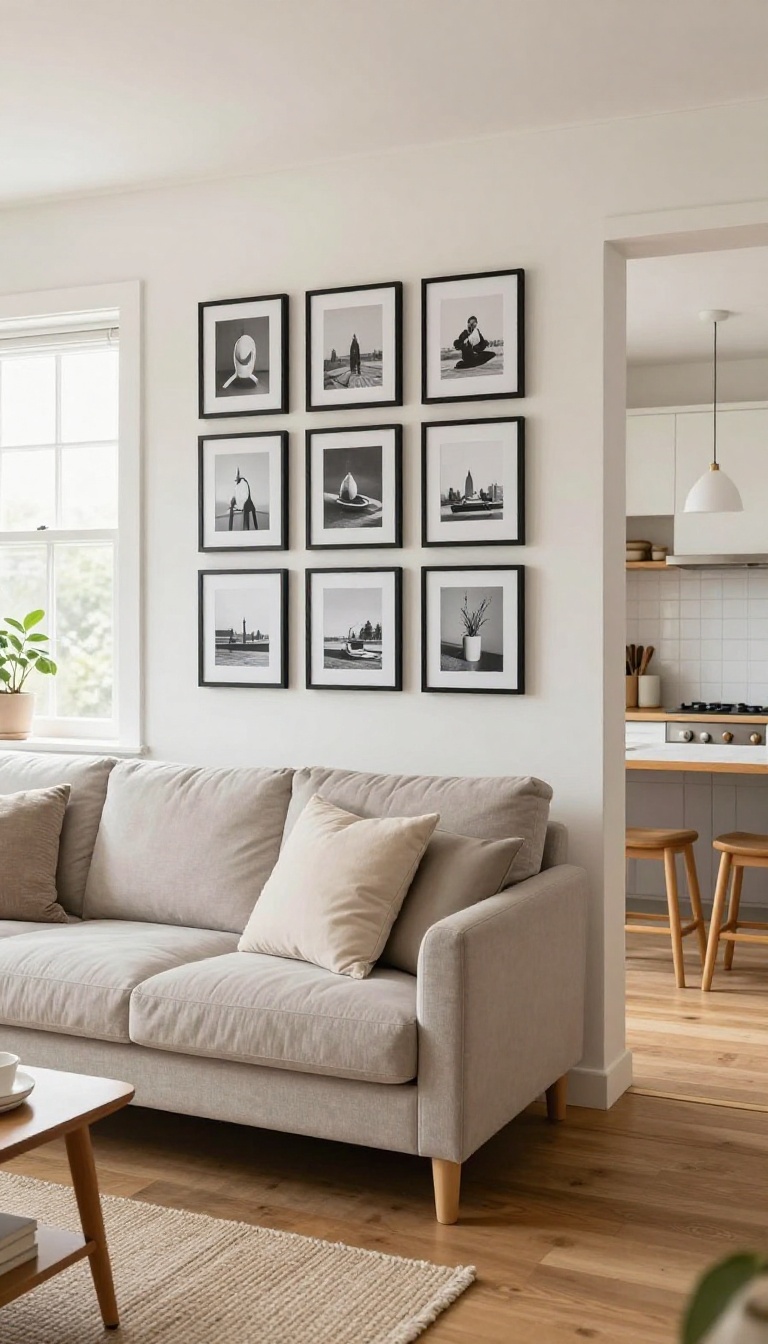 Small living room with a sofa facing a kitchen, featuring a uniform gallery wall of black-framed black-and-white photos above the couch as a deliberate focal point