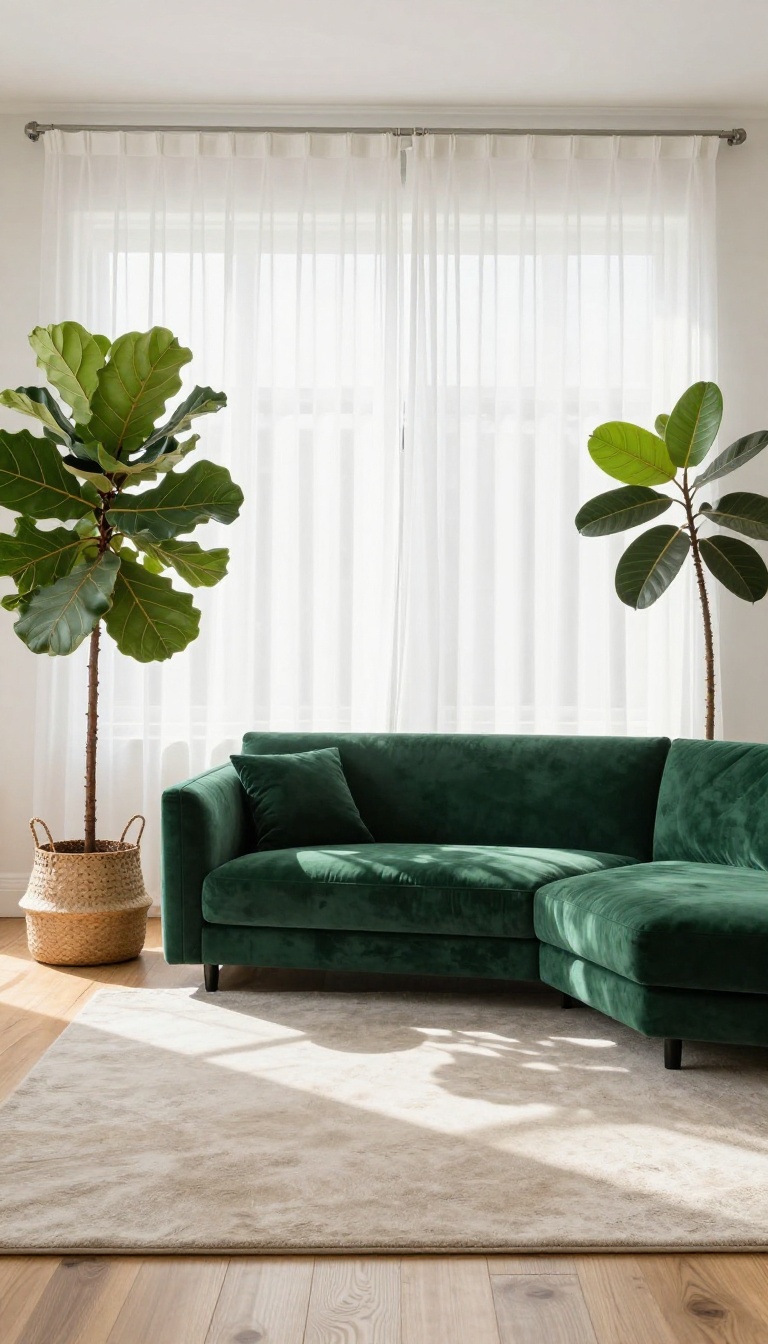 Green velvet couch in a bright living room framed by large potted plants, with natural light and organic decor.