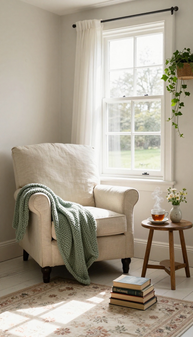 Cozy English cottage bedroom reading nook with a slipcovered armchair, knit throw blanket, side table with tea and books, and bright natural light from a window