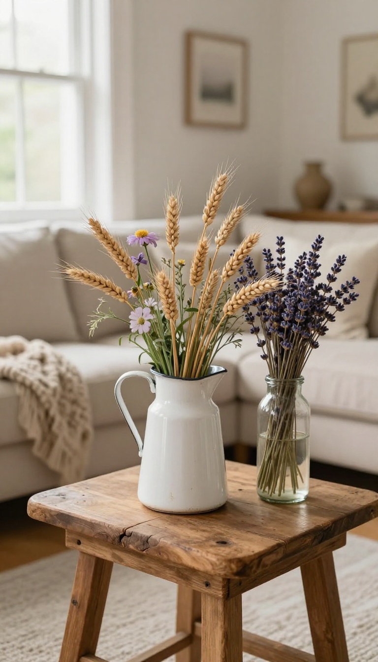 Rustic country living room side table styled with a chipped enamel pitcher of wildflowers and dried wheat in a vintage milk bottle vase, lit by soft natural window light