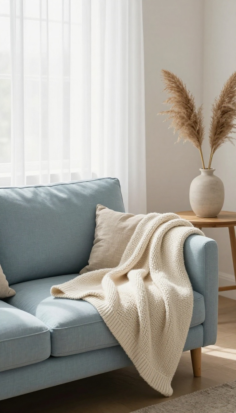 Light blue couch styled with a chunky cream knit throw draped over one arm in a bright serene living room.