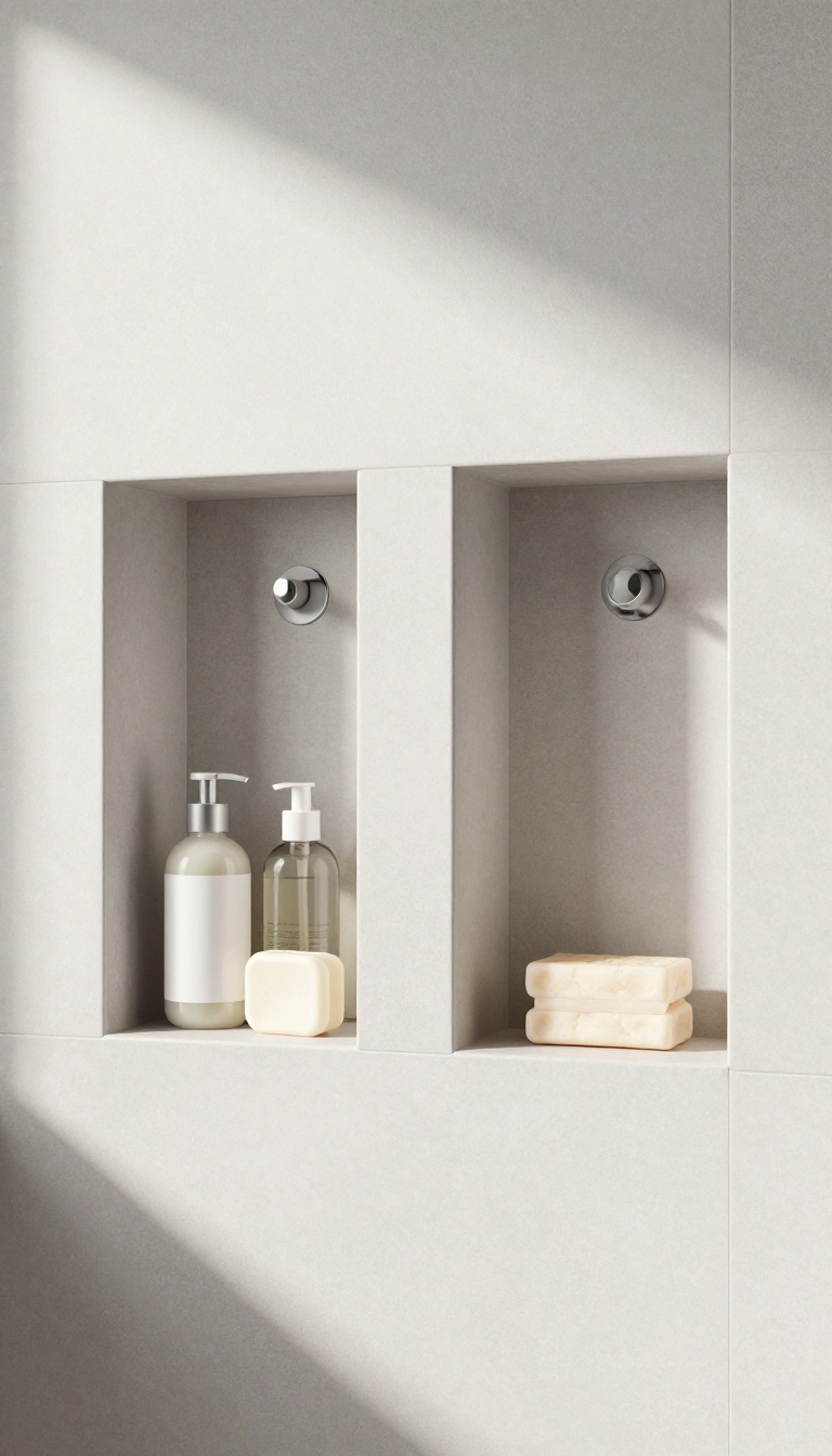 Two side-by-side recessed shower niches in a tiled bathroom wall holding neatly arranged toiletries, with one niche lower and one higher.
