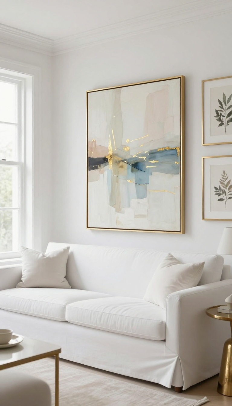 White living room wall with gold-framed abstract and botanical art hung above a sofa in bright natural light