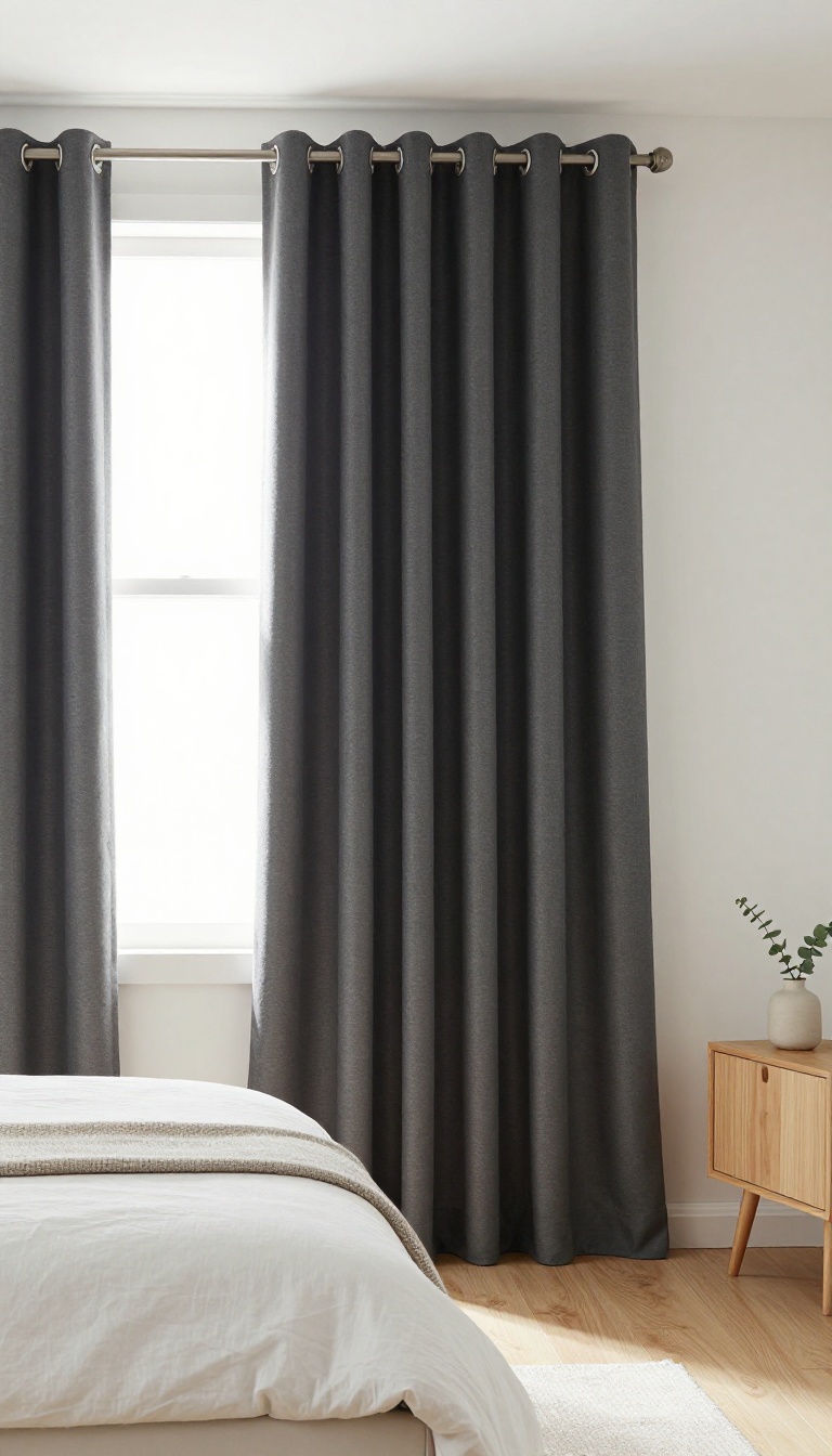 Bright bedroom with charcoal blackout curtains hanging from silver grommet rings on a slim metal rod, soft folds and natural morning light