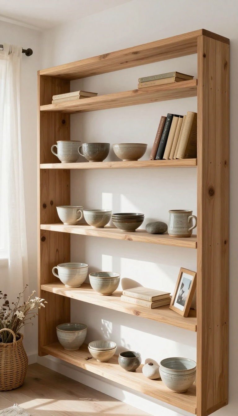 Open wooden shelves in a country living room styled with mismatched pottery, books, and found objects in warm natural light.