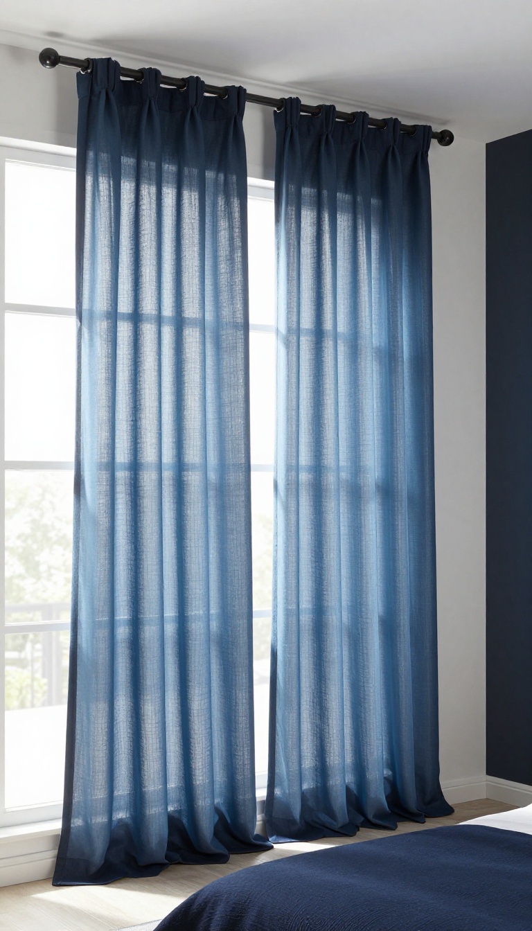 Modern bedroom window with layered black blackout curtains and soft blue sheer panels diffusing bright natural light