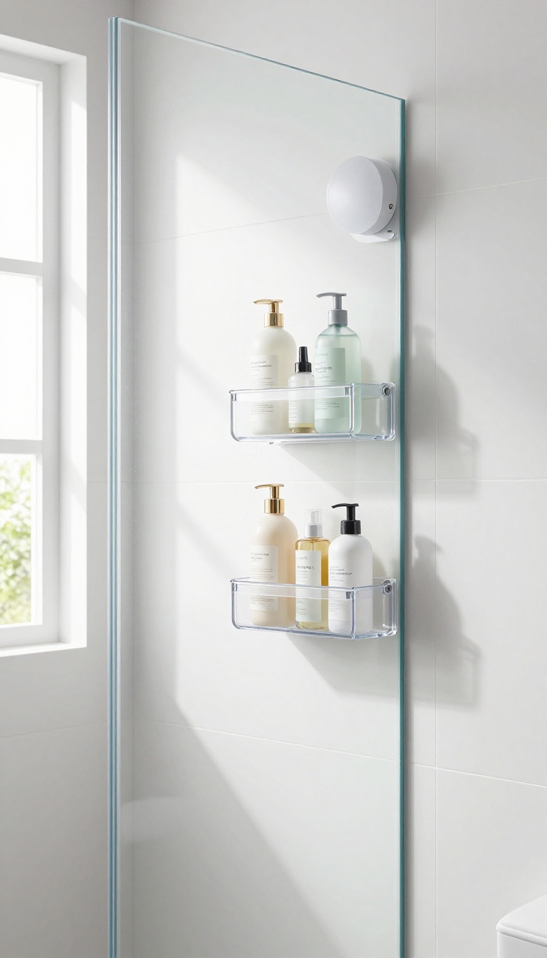 A clear suction cup shower caddy mounted on a white tile wall inside a bright, modern shower, holding bottles of shampoo and soap.