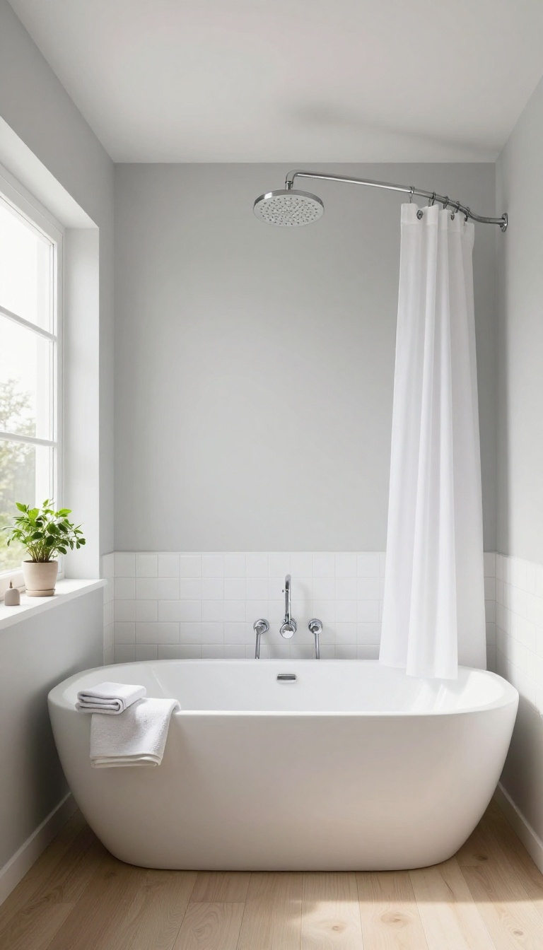 Compact freestanding tub with ceiling-mounted rain shower and curved rod in a small bright bathroom