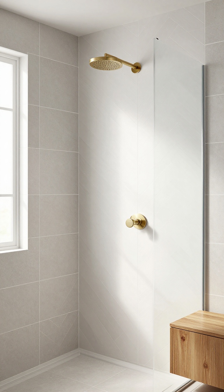 Walk-in shower with a single chevron tile accent wall and matching grout, stopping at the glass panel corner
