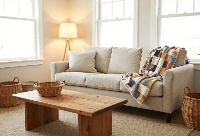 Cozy country living room with a slipcovered sofa, vintage quilt, and rustic wood coffee table.