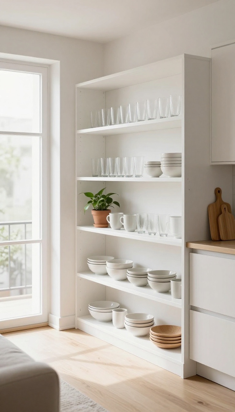 Open kitchen shelves in a small living room styled with matching glassware, stacked bowls, mugs, cutting boards, and a small trailing plant in bright natural light