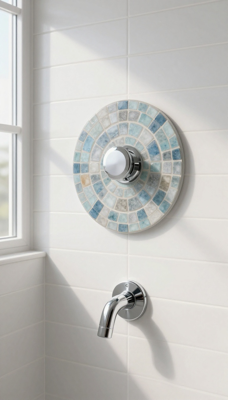 Circular glass mosaic accent tile medallion framing a round shower valve on a white tiled shower wall in bright natural light