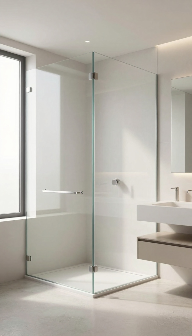 Modern bathroom with smart glass shower enclosure in frosted mode, soft natural light, minimalist design