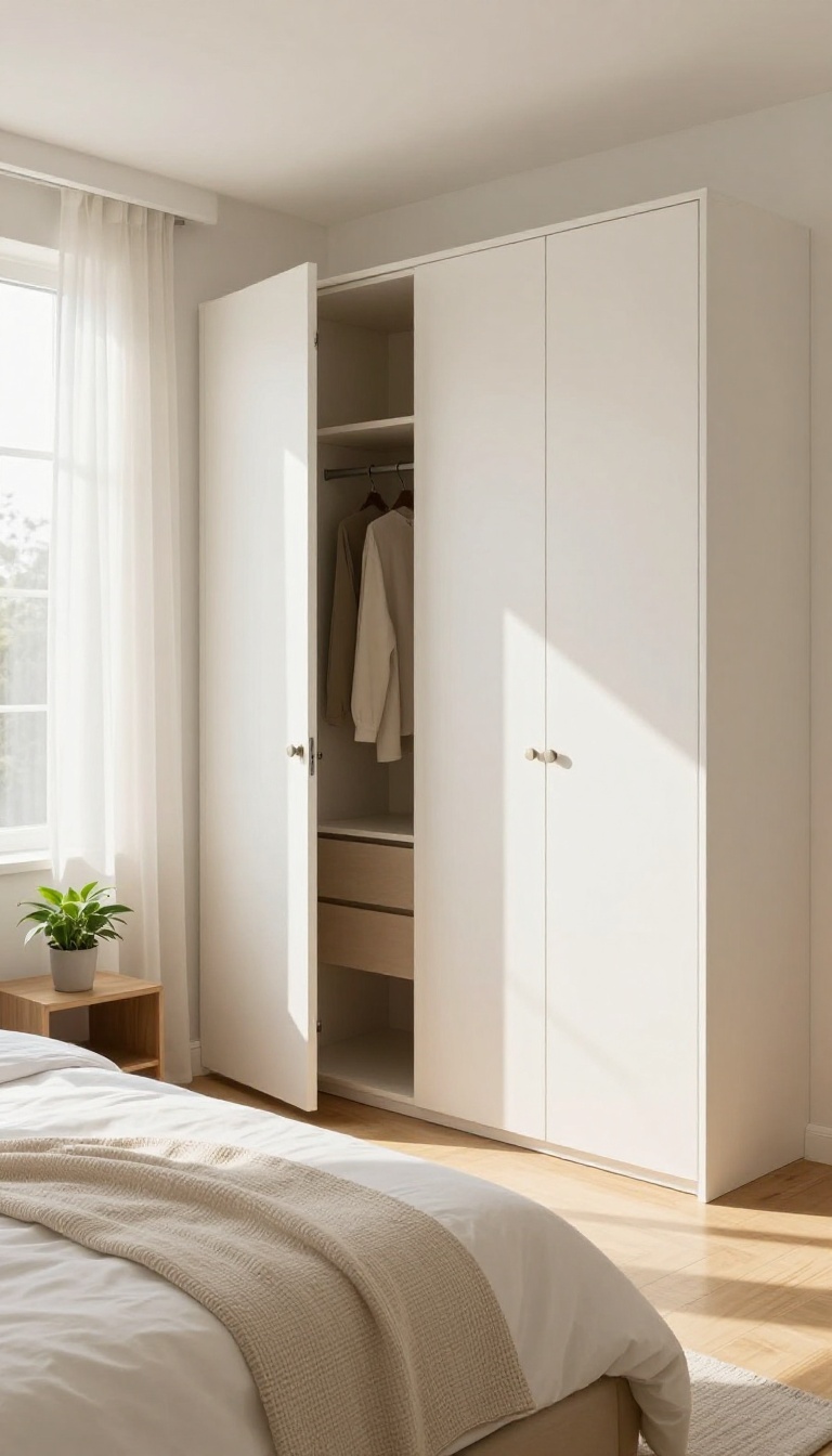 Modern bedroom with a built-in wardrobe featuring flush handleless doors that blend seamlessly into the wall, bathed in bright natural light