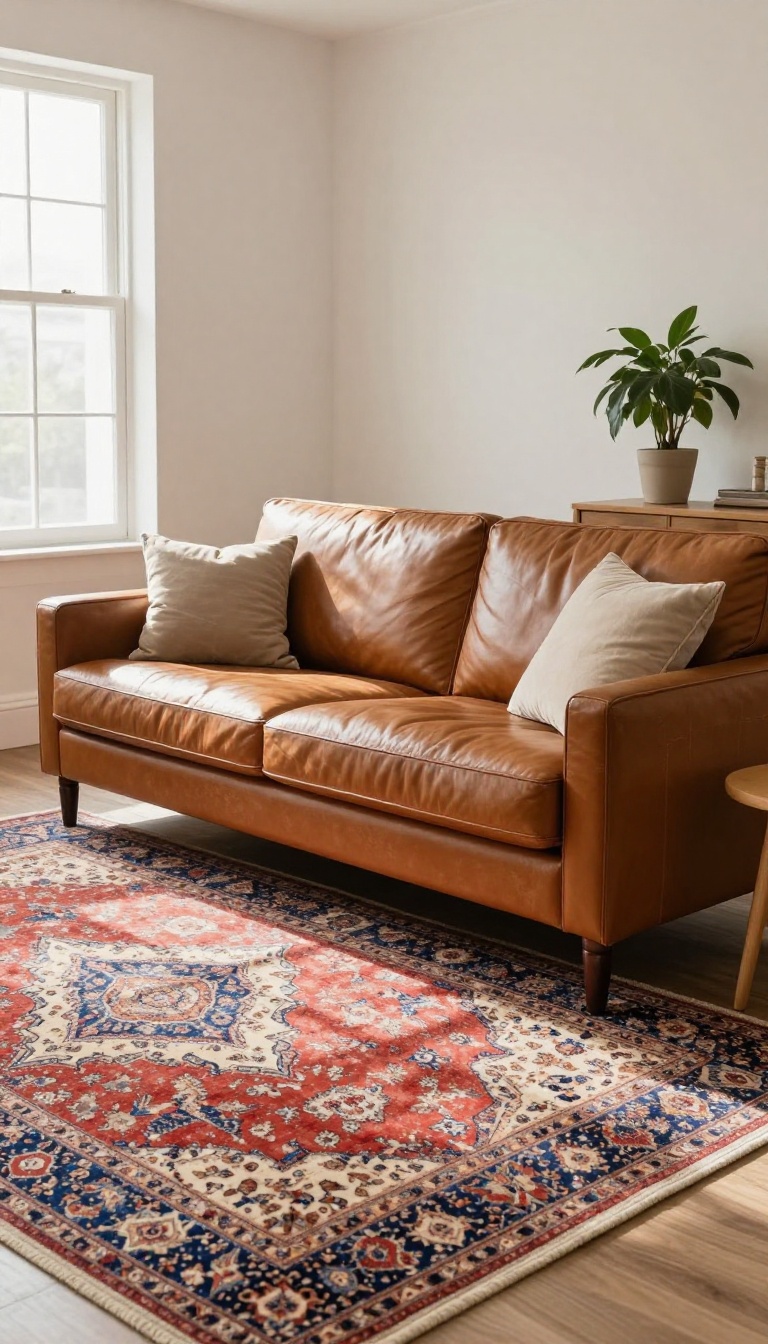 Cognac leather couch styled over a faded vintage Persian rug in a bright, sunlit living room