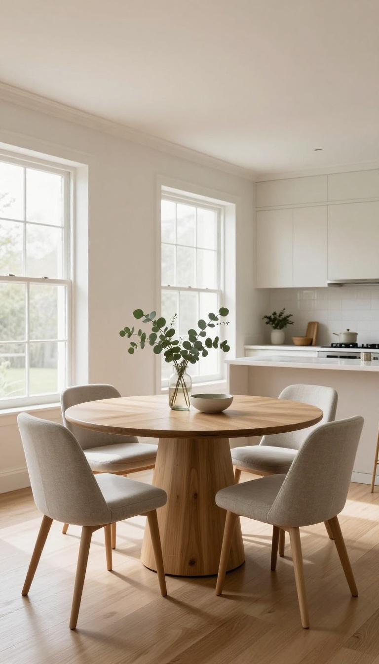 Bright open plan living room with a round pedestal dining table and chairs placed for easy flow between kitchen and living areas