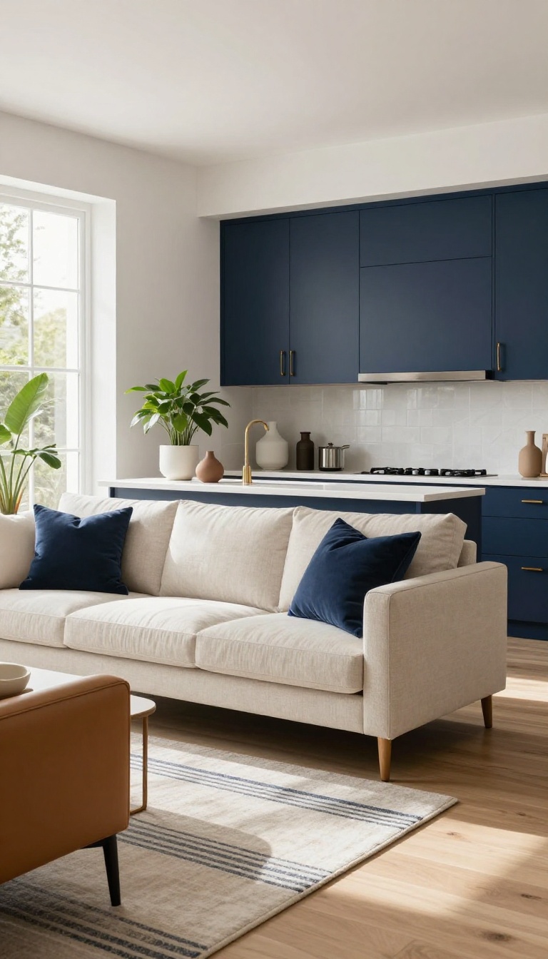 Small open-plan living room and kitchen with navy cabinets, a navy throw pillow, and a striped rug sharing a consistent color palette