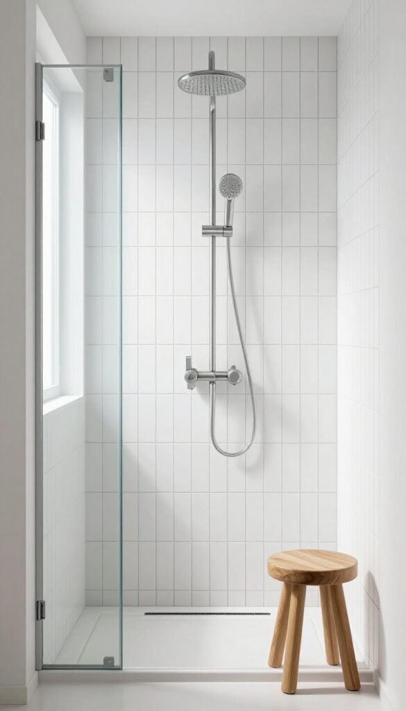 Vertical white subway tiles with black grout in a bright, modern shower, with a wooden stool and brushed nickel fixtures.