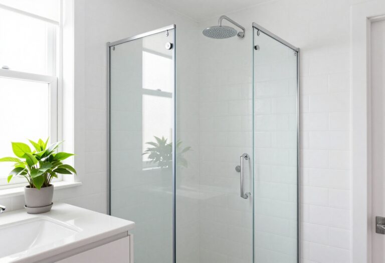 Small bathroom with a corner shower featuring glass doors and a rainfall showerhead