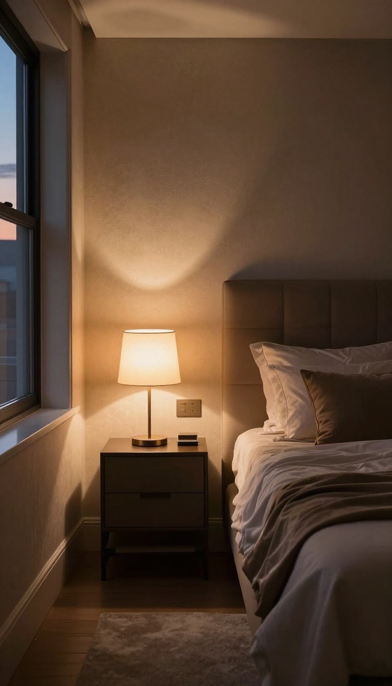 Luxury bedroom at dusk with layered dimmed lighting from overhead fixtures, wall sconces, and a warm bedside lamp creating a cozy, elegant retreat atmosphere