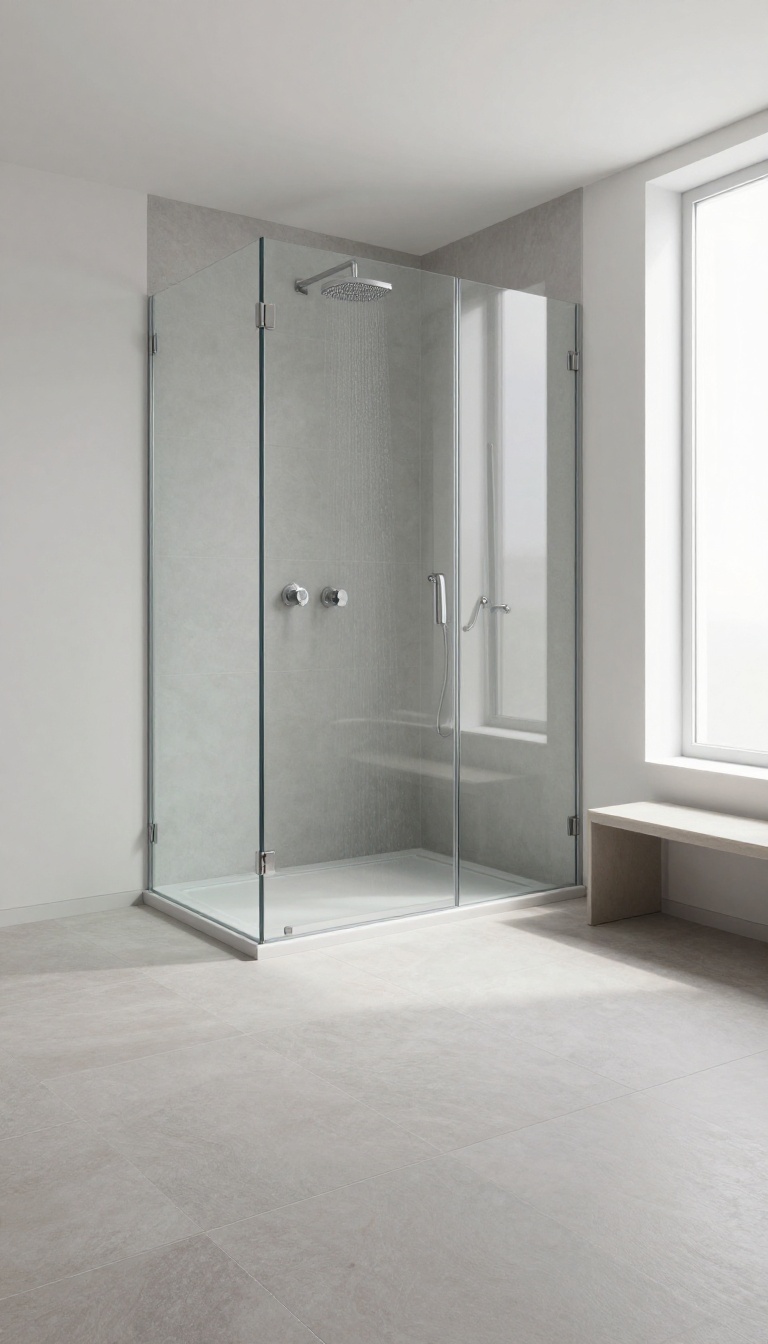Walk-in shower with large-format matte porcelain tiles and minimal grout lines