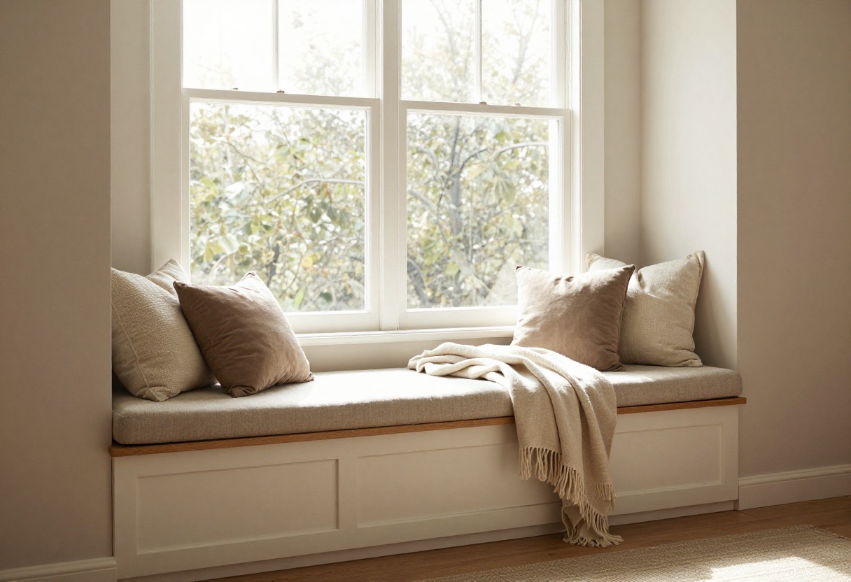 Cozy window seat with cushions and pillows in a living room