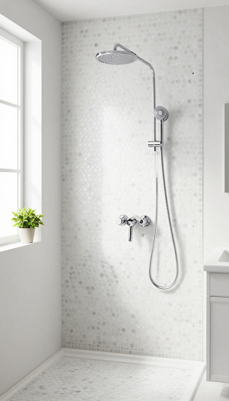 Classic white penny round mosaic tiles on a bright shower floor with light gray grout