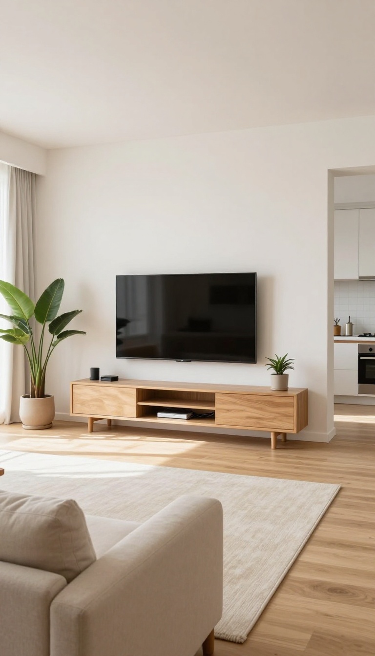 Bright open-plan living room with a wall-mounted TV surrounded by open space and a closed-storage media console