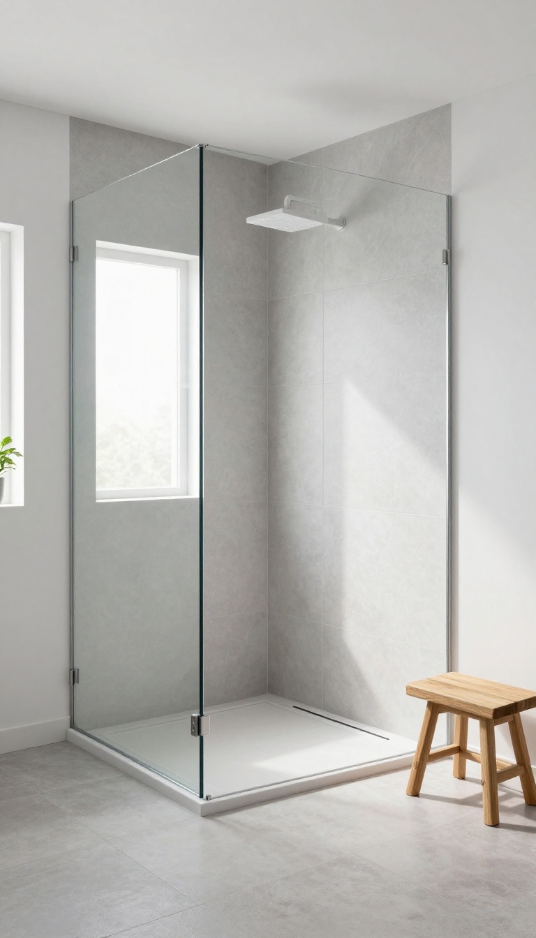 Small walk-in shower with glass panel and seamless tiled floor in a bright minimalist bathroom
