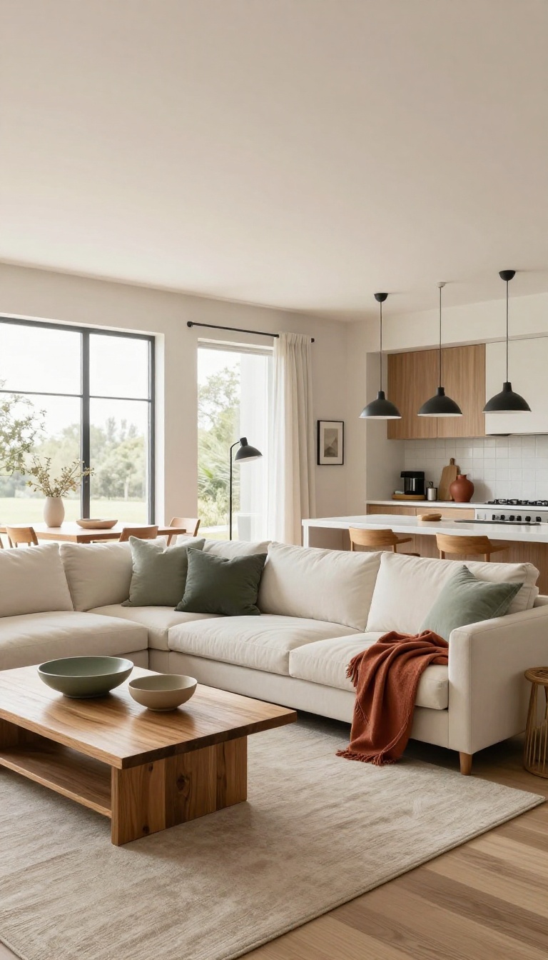 Bright open concept living room, dining area, and kitchen sharing a consistent neutral, sage, and terracotta color palette with repeated wood and black metal accents