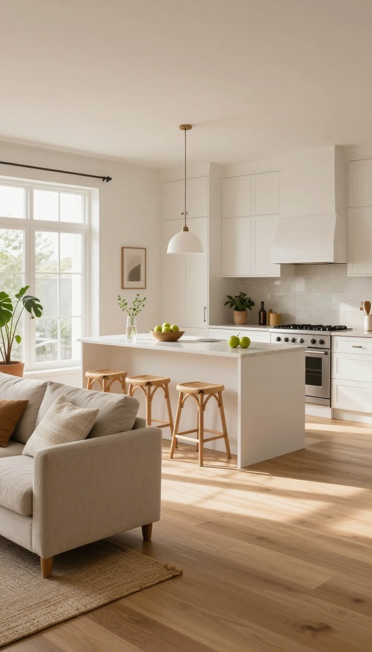 Bright open-concept living room and kitchen with a long kitchen island on light wood floors dividing the cooking zone from a linen sofa seating area, natural morning light through large windows.